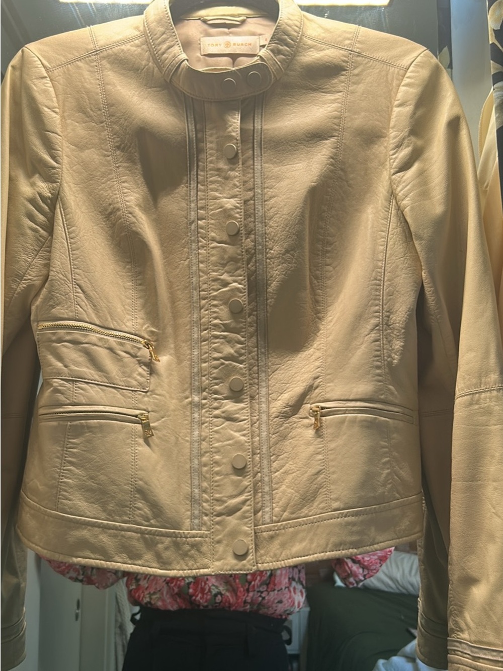 Tory Burch Cream Leather Zip & Snap Jacket with Gold Hardware - Picture 2 of 8